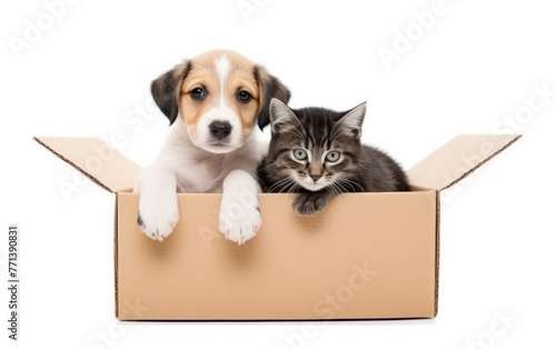 A kitten and a puppy curiously peek out of a cardboard box, representing friendship and new beginnings © Muh