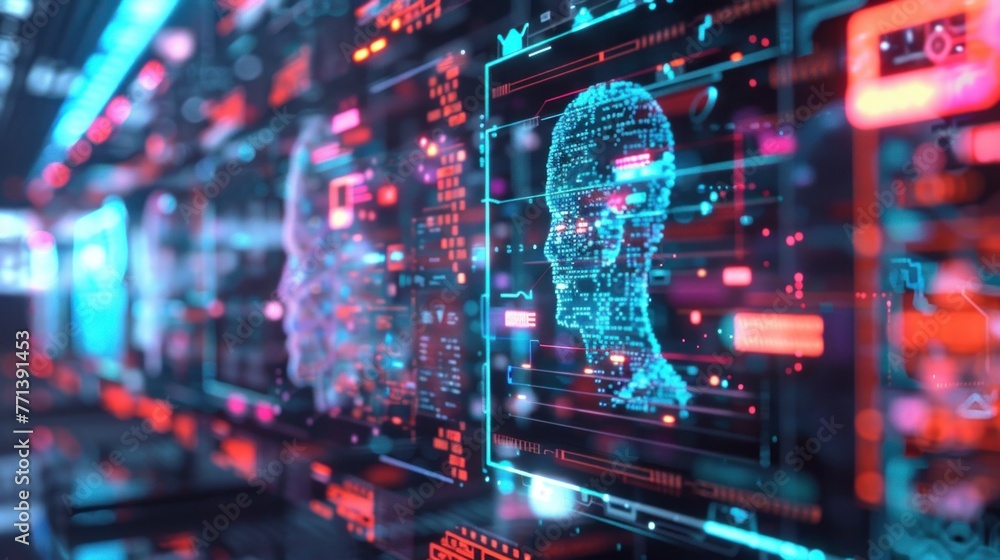 Cybersecurity concept with digital face representation in virtual reality on futuristic interface. Online data protection and internet privacy. Cybersecurity concept with digital face representation in virtual reality on futuristic interface. Online data protection and internet privacy.