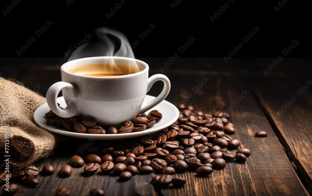 A hot, inviting cup of coffee with steam rising, surrounded by scattered roasted beans on a rustic wooden surface A hot, inviting cup of coffee with steam rising, surrounded by scattered roasted beans on a rustic wooden surface