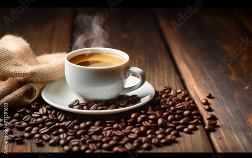 A hot, inviting cup of coffee with steam rising, surrounded by scattered roasted beans on a rustic wooden surface