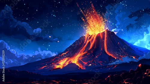 Active volcano spewing lava under night sky. Fantasy landscape anime or cartoon style, looping 4k video animation background