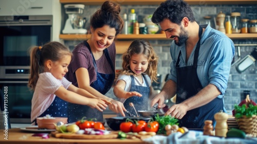 A family is happily cooking and bonding in the kitchen, sharing natural foods and ingredients, while enjoying leisure time together. AIG41