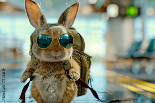 The wonder joy little rabbit sunglasses with traveling backpack in the airport getting ready to travel holiday Easter Day  photo