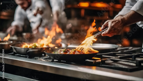 Le Mani Esperte dello Chef Preparano il Cibo con Fuoco in Cucina