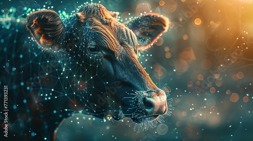Digital cow with calcium milk particles floating, cybernetic barn, soft morning light, serene ,vibrant color photo