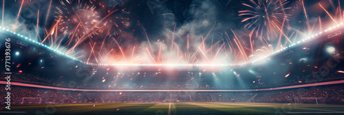 Fireworks illuminate a soccer stadium, casting light in bronze and magenta hues, embodying seapunk and cloudcore aesthetics. photo