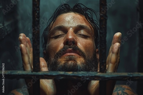 Man with eyes shut pressing raised palms against  prison bars © Irina Kozel