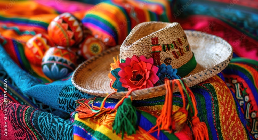 Holiday Decorations. Traditional Mexican Celebration with Colourful Sombrero and Festive Maracas