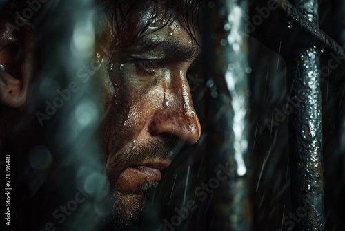 Close-up of a tearful prisoner's face behind wet iron bars