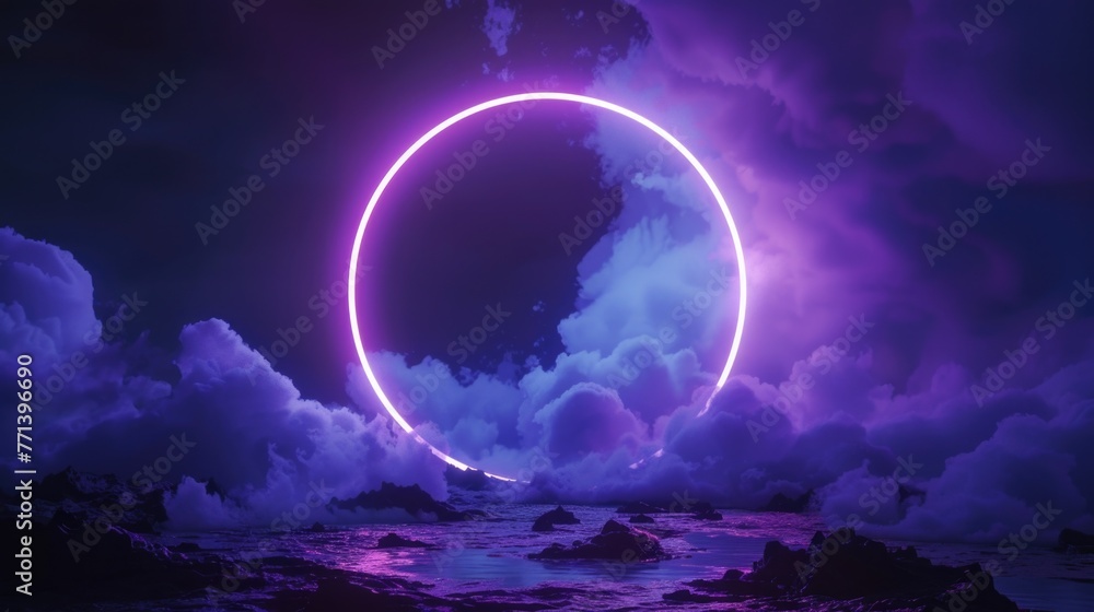 Abstract Background Shape. 3D Render of Glowing Neon Cloud Ring on Night Sky