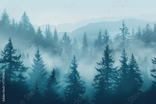 Forest Landscape. Misty Fir Forest in Retro Vintage Style with Travel Theme