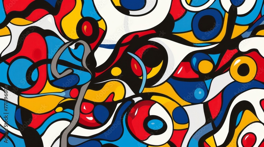 A colorful abstract pattern features circular shapes, playful graffiti, accurate topography, and bold lines and shapes. A colorful abstract pattern features circular shapes, playful graffiti, accurate topography, and bold lines and shapes.