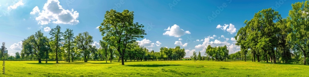 Trees Sky. Summer Park Landscape with Green Meadow and Trees in Panoramic View