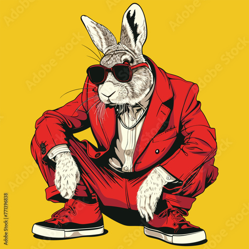 A shoe company logo with a Scarface-dressed rabbit, created digitally in a cartoony vector style.