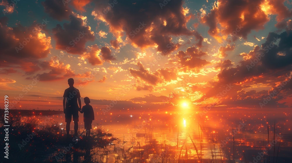 Fototapeta premium father with child beautiful landscape