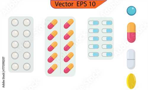 Pharmaceutical pills, medicine pills in blister packs. Pharmacy treatment, health pill, medication vitamin and tablet, vector illustration.  Classic Pills. Top View