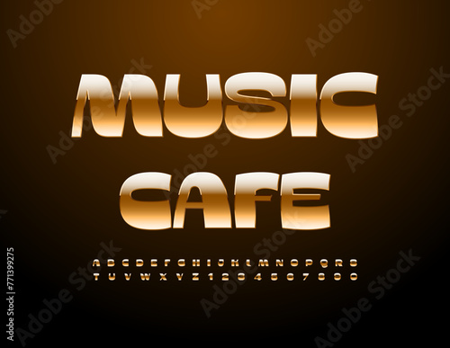 Vector stylish signboard Music Cafe. Premium Gold Font. Modern Luxury Alphabet Letters and Numbers set.