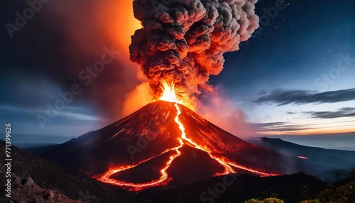 Lava erupting on the surface. Hot orange lava and smoke. Natural disaster