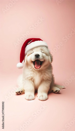 Santa Hat Puppy Yawning on Light Pink Background © DAIN
