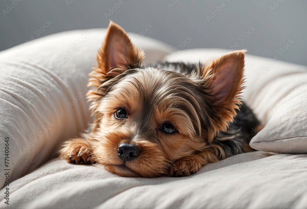 Cute adorable Yorkshire terrier puppy sleeping on a stack of pillows in the bedroom Cute adorable Yorkshire terrier puppy sleeping on a stack of pillows in the bedroom