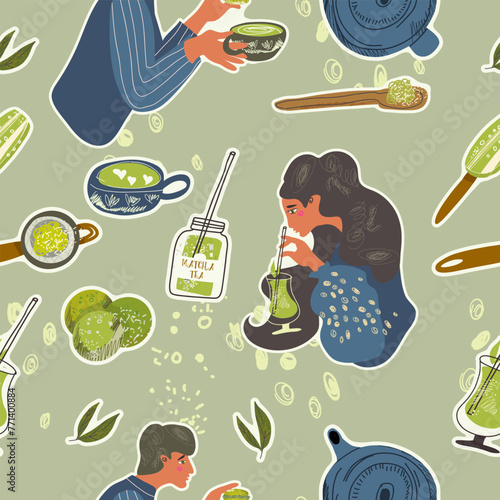 Seamless pattern with green matcha food, drinks, leaves, teapot, tools, mugs, cups. Endless repeatable Japanese texture with healthy organic products, people hands. Color vector pattern for printing.