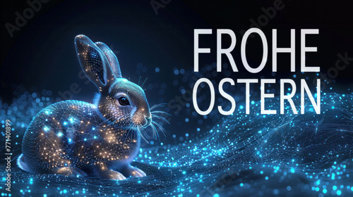 Digital greetings. Futuristic Easter card concept with german text Happy Easter. Cute cyber Easter bunny © LiliGraphie