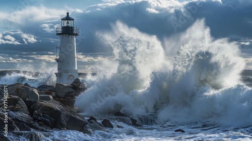 Seacoast. Portsmouth Harbor Lighthouse and Fort Constitution Surrounded by Waves and Rocks photo