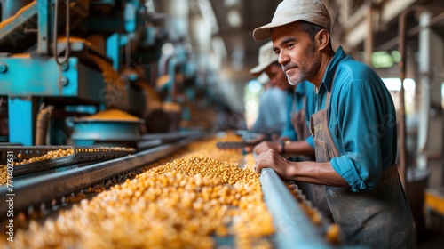 man at work conveyor belt with cereals photo