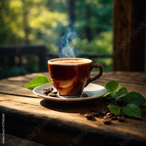 A steaming cup of freshly brewed coffee sits on a rustic wooden table