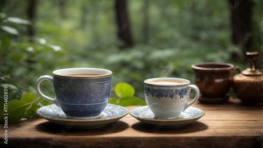 A lush forest in a wooden table adorned with a freshly brewed cup of coffee A lush forest in a wooden table adorned with a freshly brewed cup of coffee