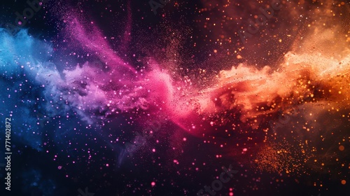 A cloud of multicolored dust particles artistically simulates a night sky full of stars