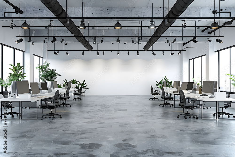 Modern office interior with a white wall mockup and concrete floor. Open space office interior with mock up wall. - obrazy, fototapety, plakaty 