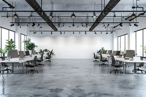 Modern office interior with a white wall mockup and concrete floor. Open space office interior with mock up wall. photo
