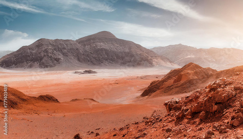 Landscape of desert with mountains on red planet Mars. Orange sand and gray sky