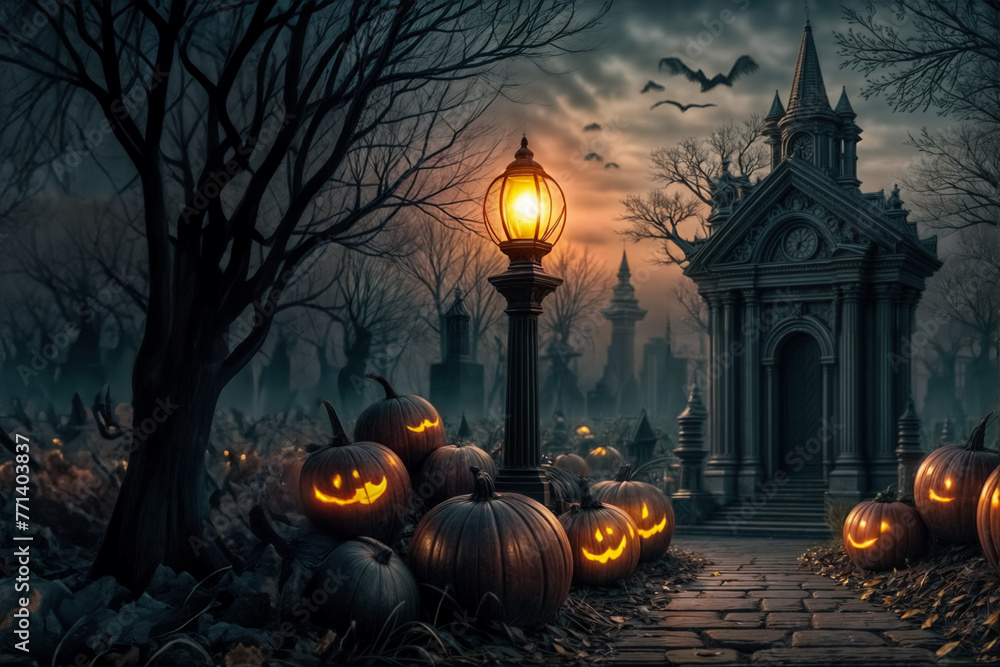 Notte Tetra di Halloween- Lanterne a Zucca nel Cimitero Creano un'Atmosfera Spettrale - obrazy, fototapety, plakaty 