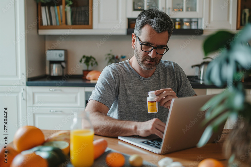 Man exploring biohacking options with supplements at home Man exploring biohacking options with supplements at home