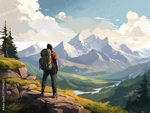Male backpacker enjoying scenic mountain landscape, immersing himself in nature's beauty