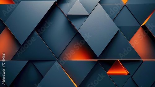 A wall of blue and orange triangles is illuminated by a neon light