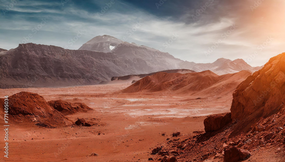 Landscape of desert with mountains on red planet Mars. Orange sand and gray sky