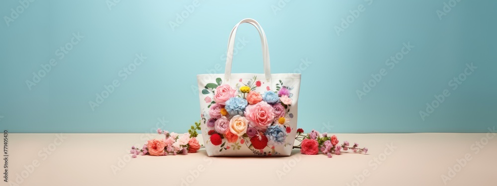 Fashionable floral tote bag, A modern tote bag with a floral watercolor design positioned against a soft pastel background - obrazy, fototapety, plakaty 