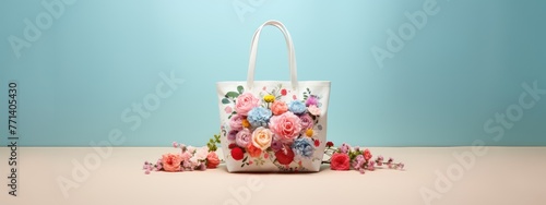 Fashionable floral tote bag, A modern tote bag with a floral watercolor design positioned against a soft pastel background