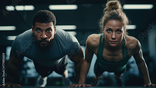 Exercise gym, A man and woman do workout push-ups or plank workout exercise body weight lifting at a fitness gym.