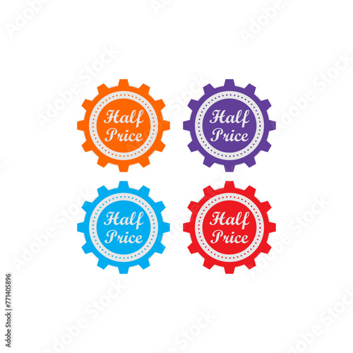 half price stickers with colorful circle on gray background - vector.