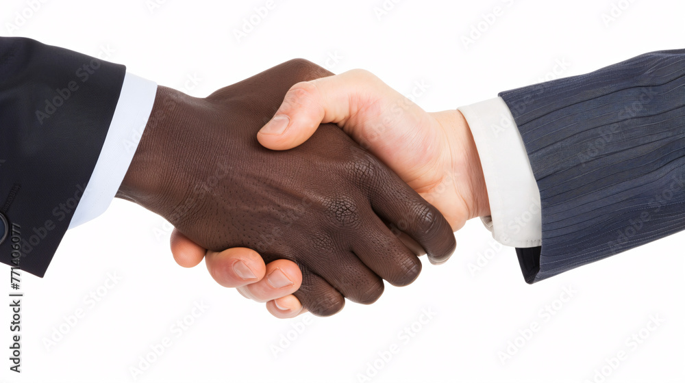 close up of a business and casual handshake on a white background 