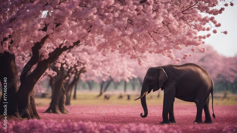 Obraz premium Generative AI, wonderful, big elephant under a tree with pink flowers, spring season, petals falling, pink leaves, autumn season.