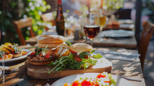 Restaurant table with food and wine  lunch  grilled  salad  plate