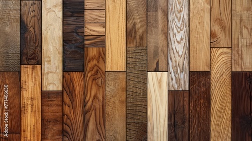 Assorted wooden floor samples arranged neatly - Various types of wooden flooring samples showcasing different textures and colors photo