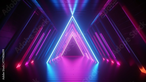 Dark room with neon lights and triangular floor  ideal for futuristic  mysterious  or scifi design projects needing an edgy vibe.