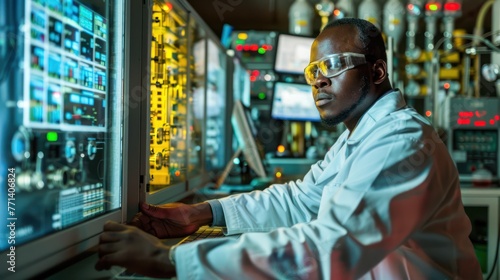 A scientist analyzing data in a high-tech laboratory. 