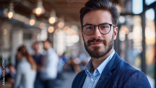 Bearded man with glasses in casual business attire - Relaxed, stylish bearded man with glasses standing in a modern business setting © Tida